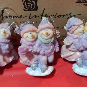 3 home interiors Couple Snowman ornaments figure ice skaters pink purplish homco